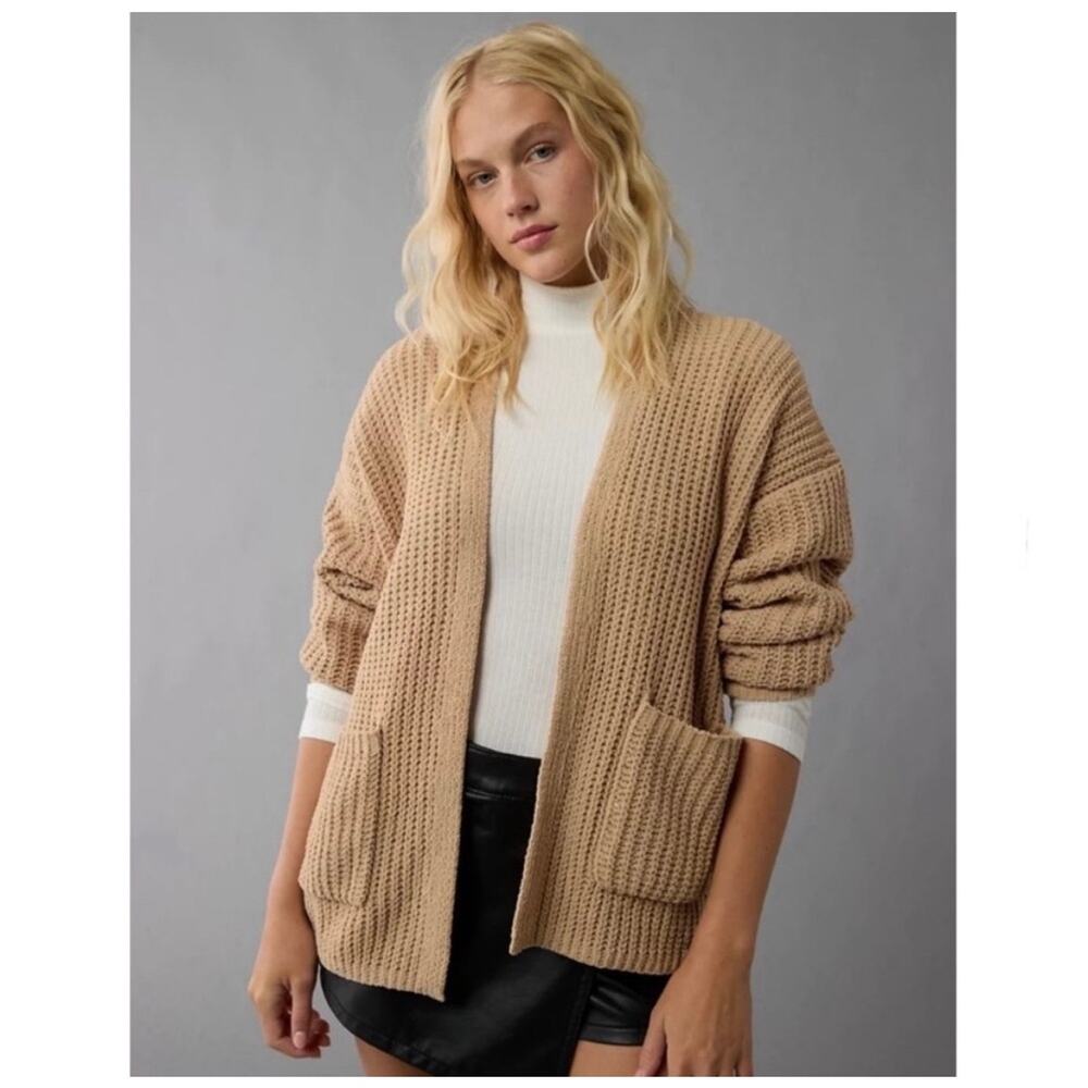 NEW American Eagle Tan Chunky Knit Chenille Cardigan Sweater Women's XL